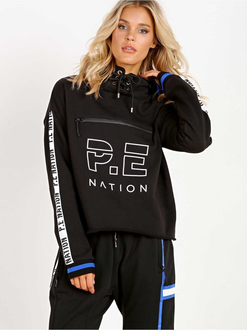 P.E Nation Black Pullover with Blue Trim and White Logo